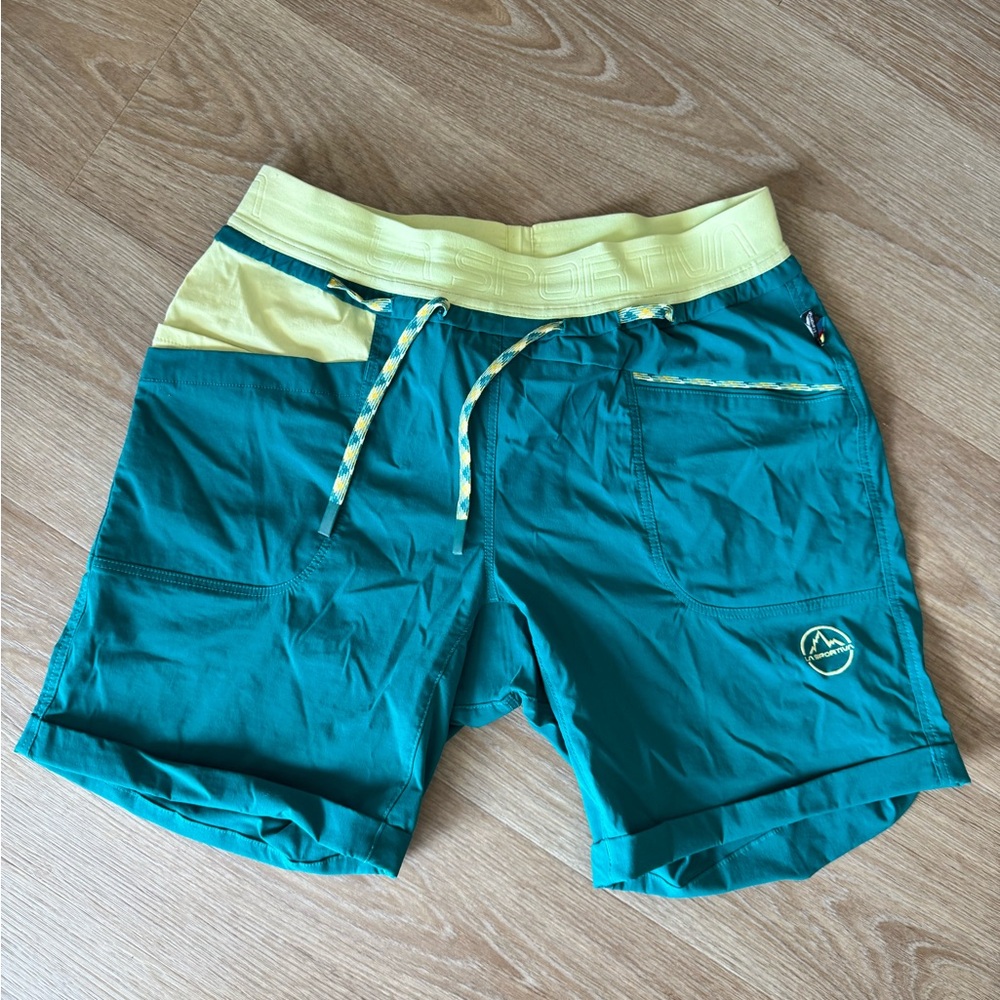 La Sportiva Yellow and Teal Climbing Shorts